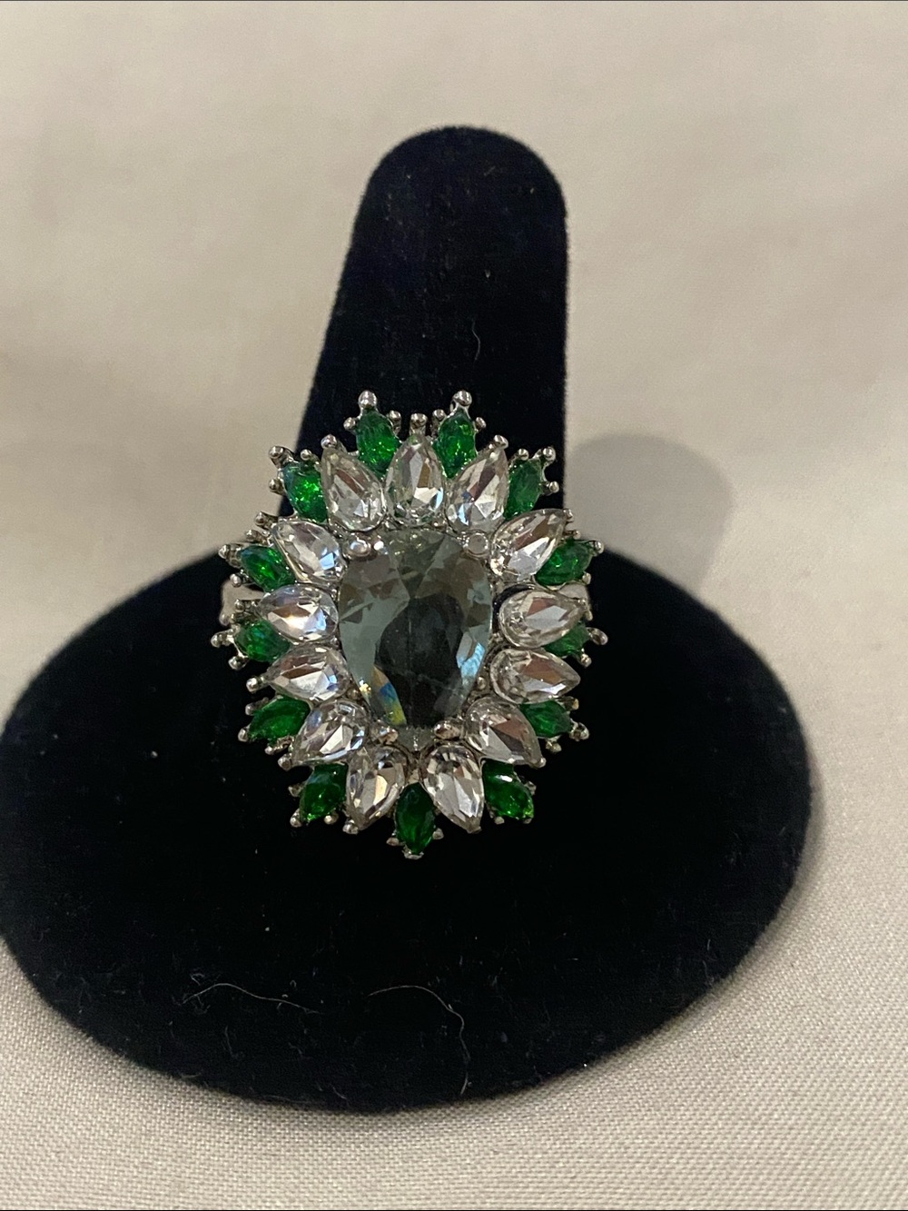 Silver Cocktail Ring with Green and Clear Stones - Women's Fashion ring. Size 10